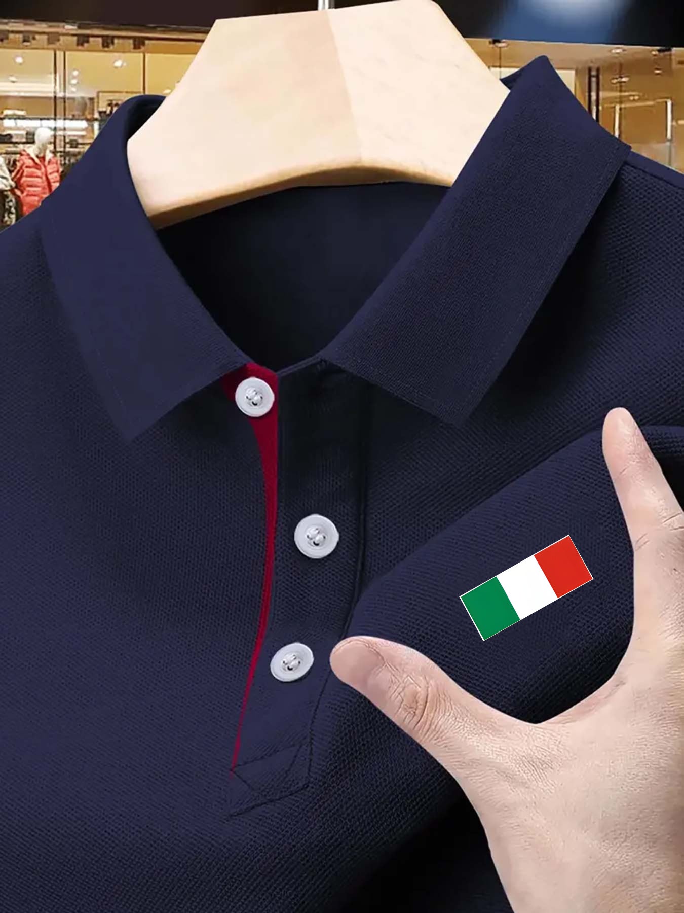 Men's Stretch Shirt - Deep Red Italian Flag Print, Breathable Knit Fabric, Button Collar & Red Trim, Regular Fit for Summer Golf & Outdoor Activities, Golf Shirt, Easycare Material