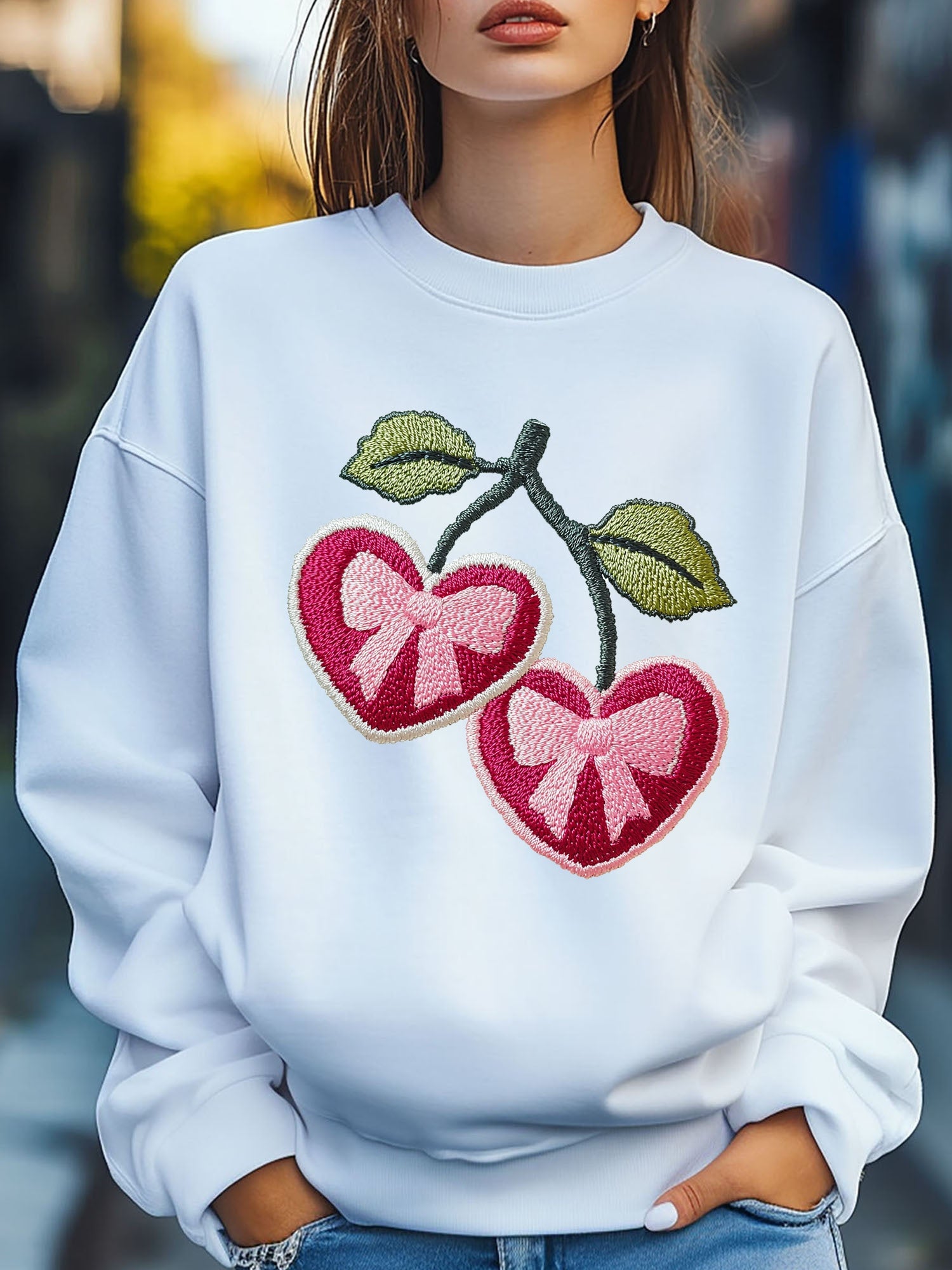 Women'S Cherry Love Heart Bow Embroider Print Sweatshirt Pullover Fall Loose Fashion Long Sleeve Crew Neck Sweatshirt Casual Comfy Clothes