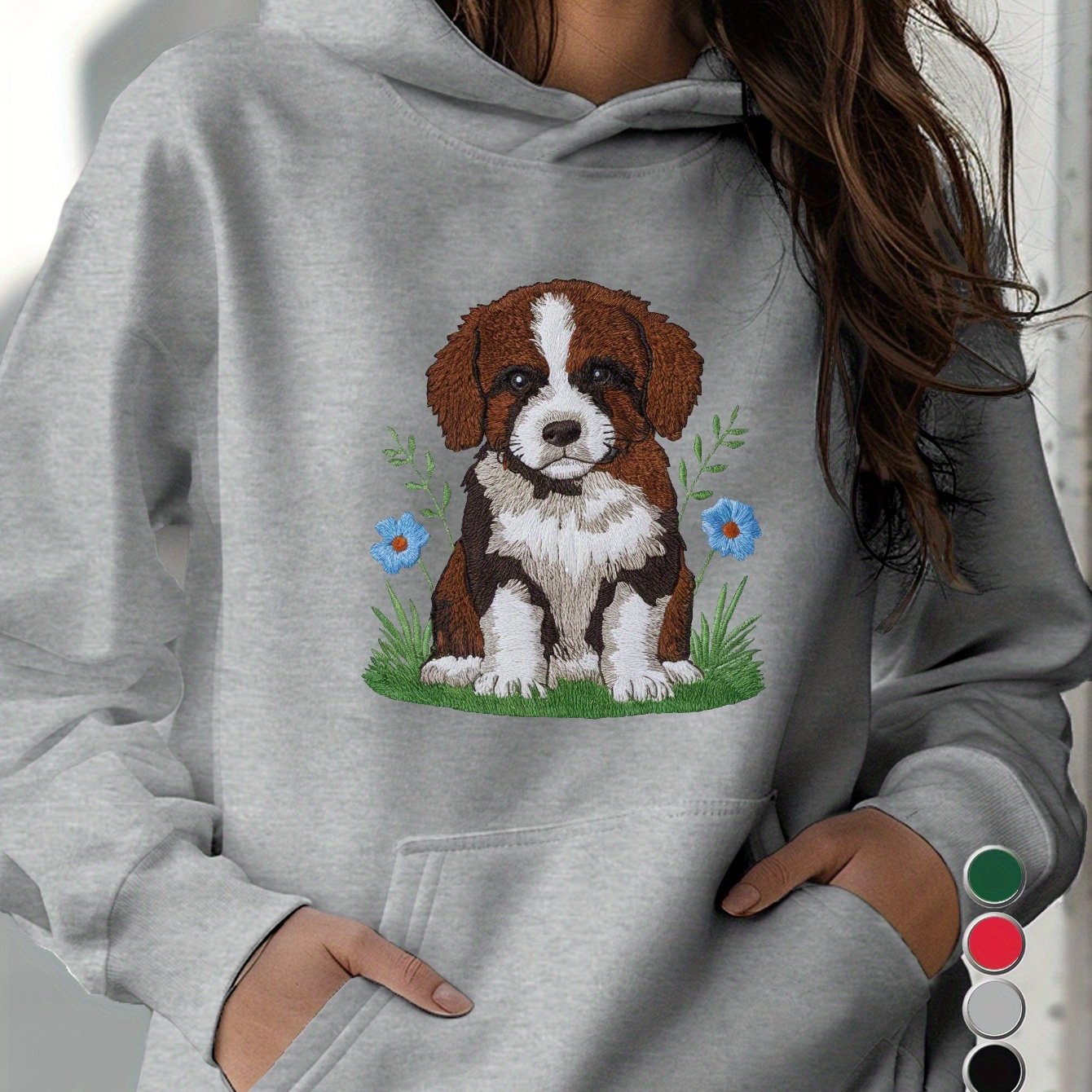 Women's Cozy Embroidered Puppy Hoodie - Casual Long Sleeve Pullover with Kangaroo Pocket, Cotton Blend, Perfect for Fall & Winter
