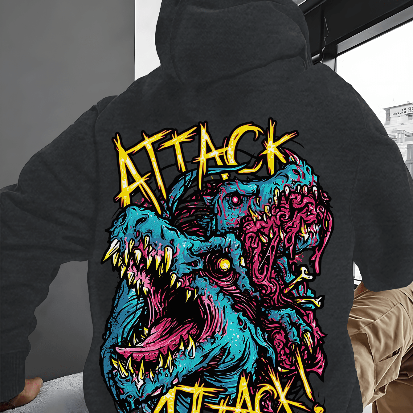 Handsome Men'S Hoodie with Dinosaur Yellow English Letters Printed with Horror Elements, Featuring Pocket Details for Easy Release And Storage. The Fabric Is Soft And Comfortable, Making It The Perfect Choice