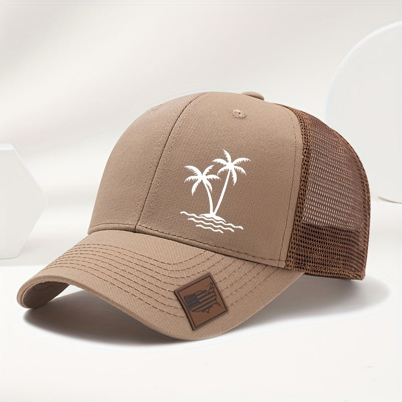 Sports Outdoor Sunshade Fashion Coconut Tree Pattern Print Exquisite Small Faux Leather Badge Hard Top Baseball Cap Hip Hop Duckbill Hat Casual Versatile Fashion Mesh Cap Men and Women Universal Outdoor Party Truck Driver Hat