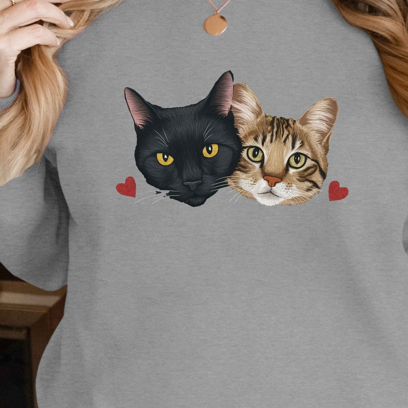 Women's Embroidered Cat Faces Sweatshirt, 250g Polyester, Round Neck, Casual Style for Fall/Winter - Machine Washable
