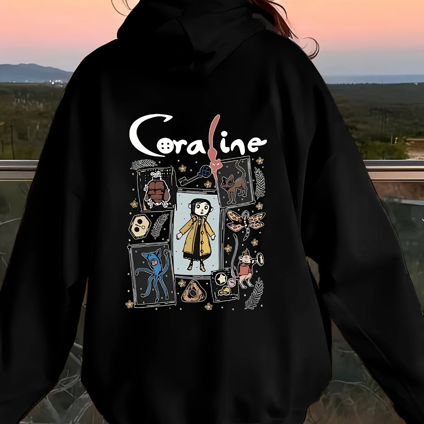 Comfortable Coraline Themed Cartoon Print Hoodie for Women, Casual Knit Fabric, Hooded Polyester Sweatshirt for All Seasons with Drawstring