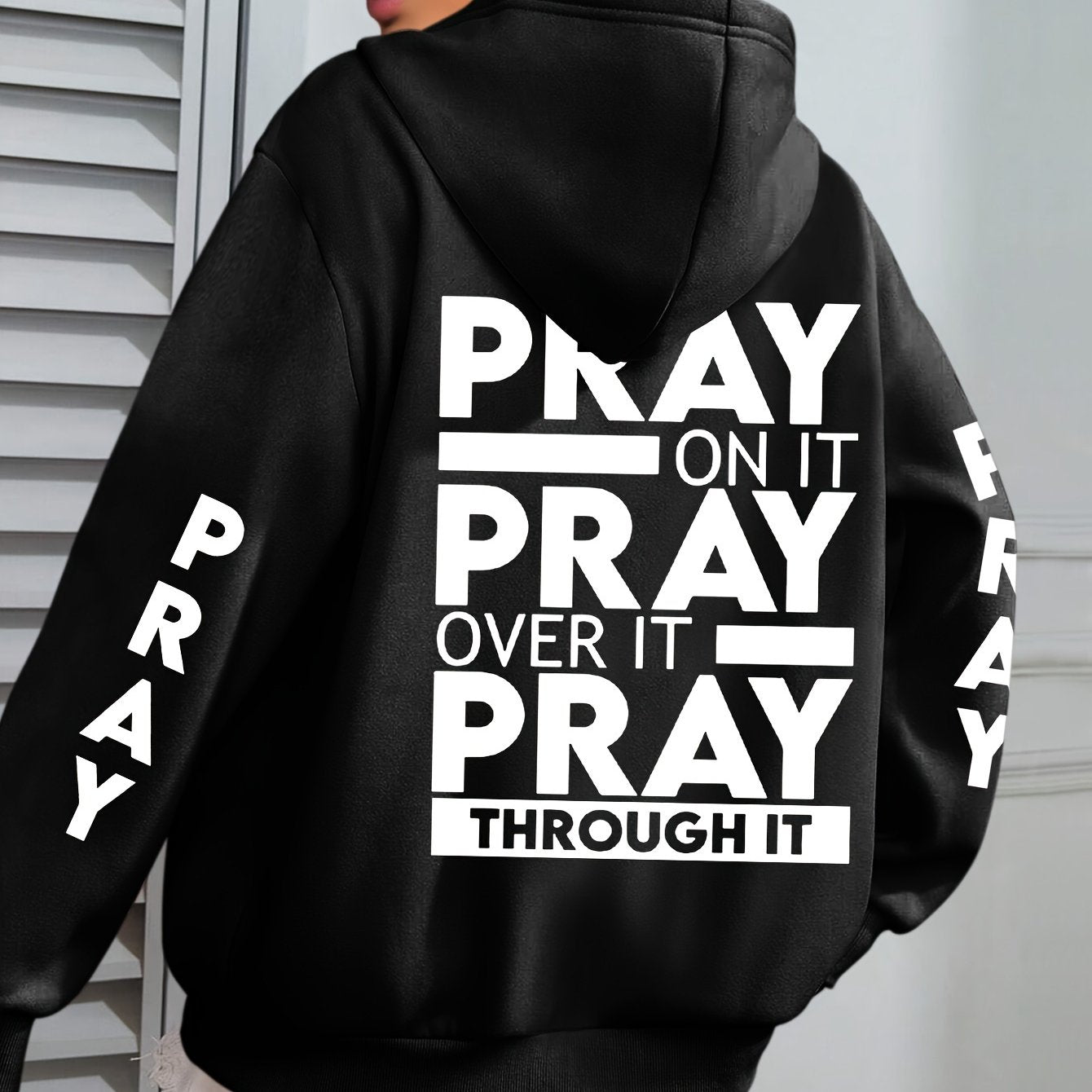Plus Size PRAY Print Kangaroo Pocket Hoodie - Cozy Casual Long Sleeve Drawstring Sweatshirt with Relaxed Fit for Spring and Fall, Soft and Breathable Fabric, Women's Comfortable Plus Size Clothing