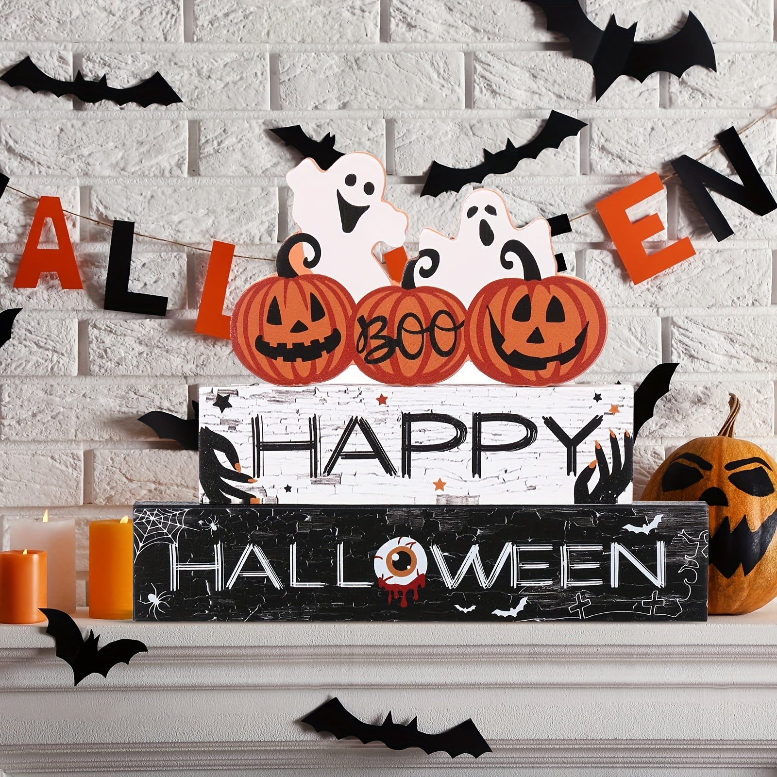 Happy Halloween Wooden Sign Centerpiece Pumpkin Ghost Eyeball Table Top Decor Spooky Rustic Freestanding Boo Tier Tray Halloween Decor Rustic Wood Block Plaque For Home Fireplace