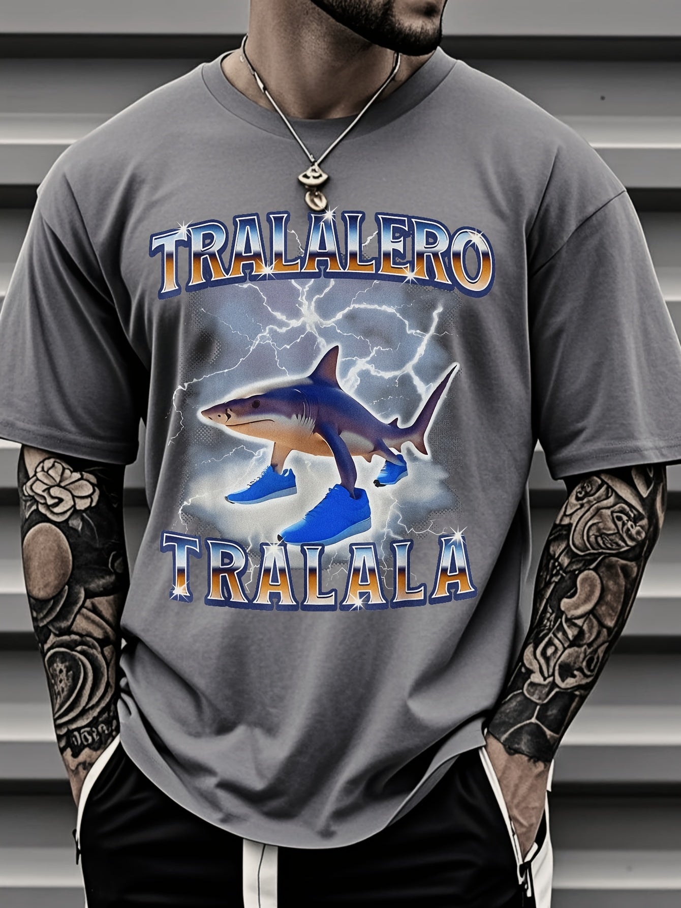 Tralalero Men's Shark Lightning Graphic T-Shirt - Bold TRAALERO TRAALALA Design, Vibrant Blue Casual Streetwear, Regular Fit Short Sleeve Tee for Music Festivals, Concerts & Beach Days, Concert Attire, Festival Clothing, Digi