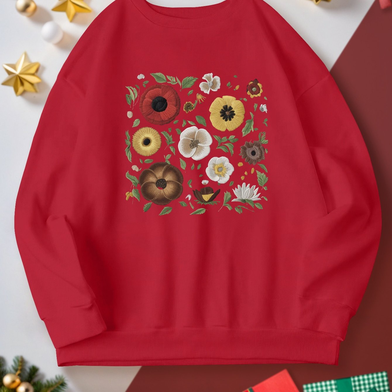 Women's Plus Size Floral Embroidery Sweatshirt - Casual Crew Neck, Long Sleeve Pullover for Fall/Winter, Machine Washable