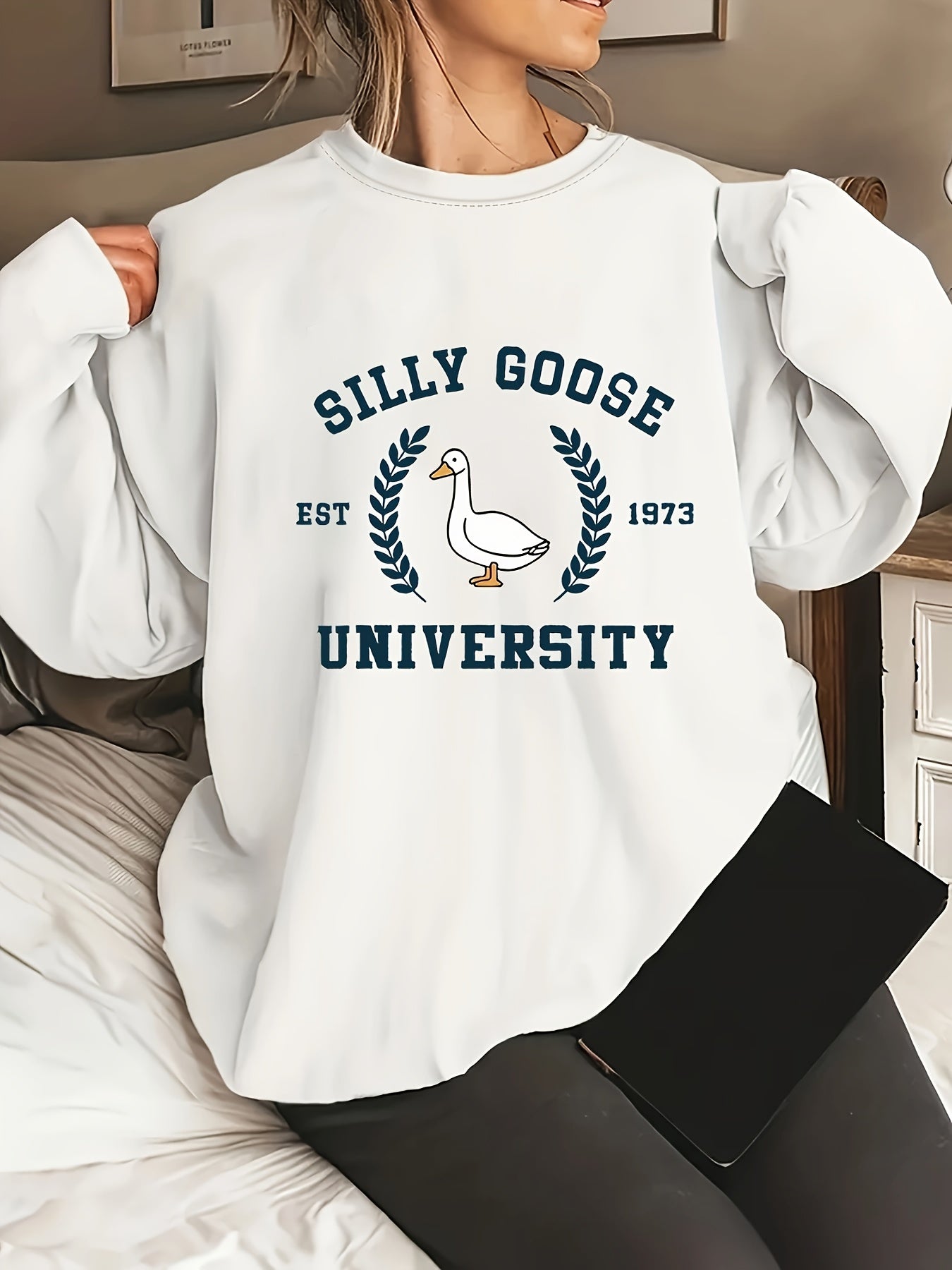 Silly Goose Comfort Workshop Women's Casual Crew Neck Sweatshirt - Silly Goose University 1978 Graphic Print, Soft Beige, Regular Fit, Machine Washable, Allseason Apparel, Playful Design, Durable Fabric