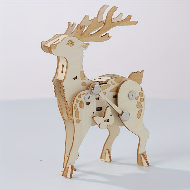 Walking Deer Wooden Three-dimensional Puzzle Toy Mechanical Gear Handmade DIY Puzzle Christmas Gift Desktop Ornaments Decorative Crafts