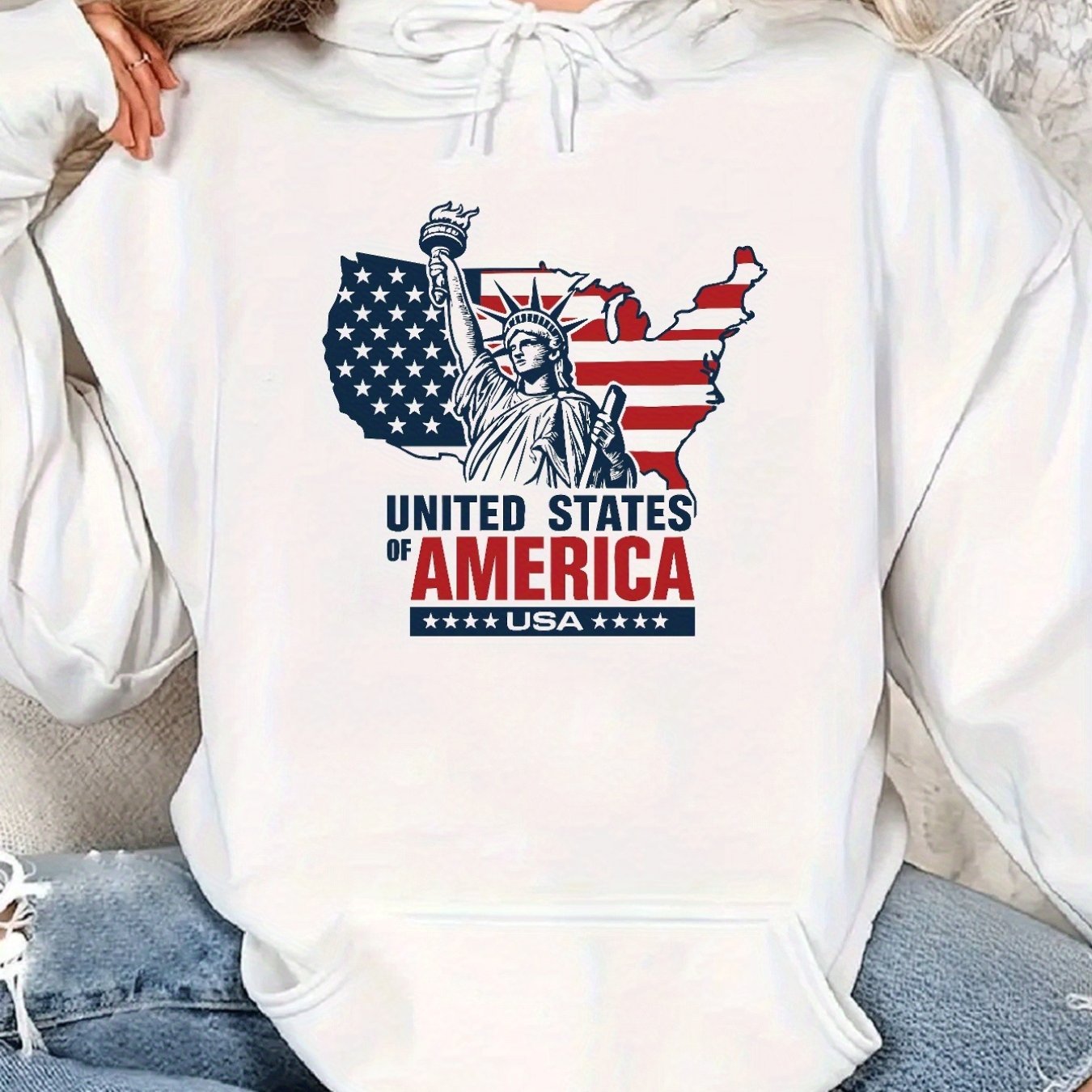 Women's Patriotic Statue of Liberty & USA Map Graphic Hoodie - White Loose Fit Casual Pullover with