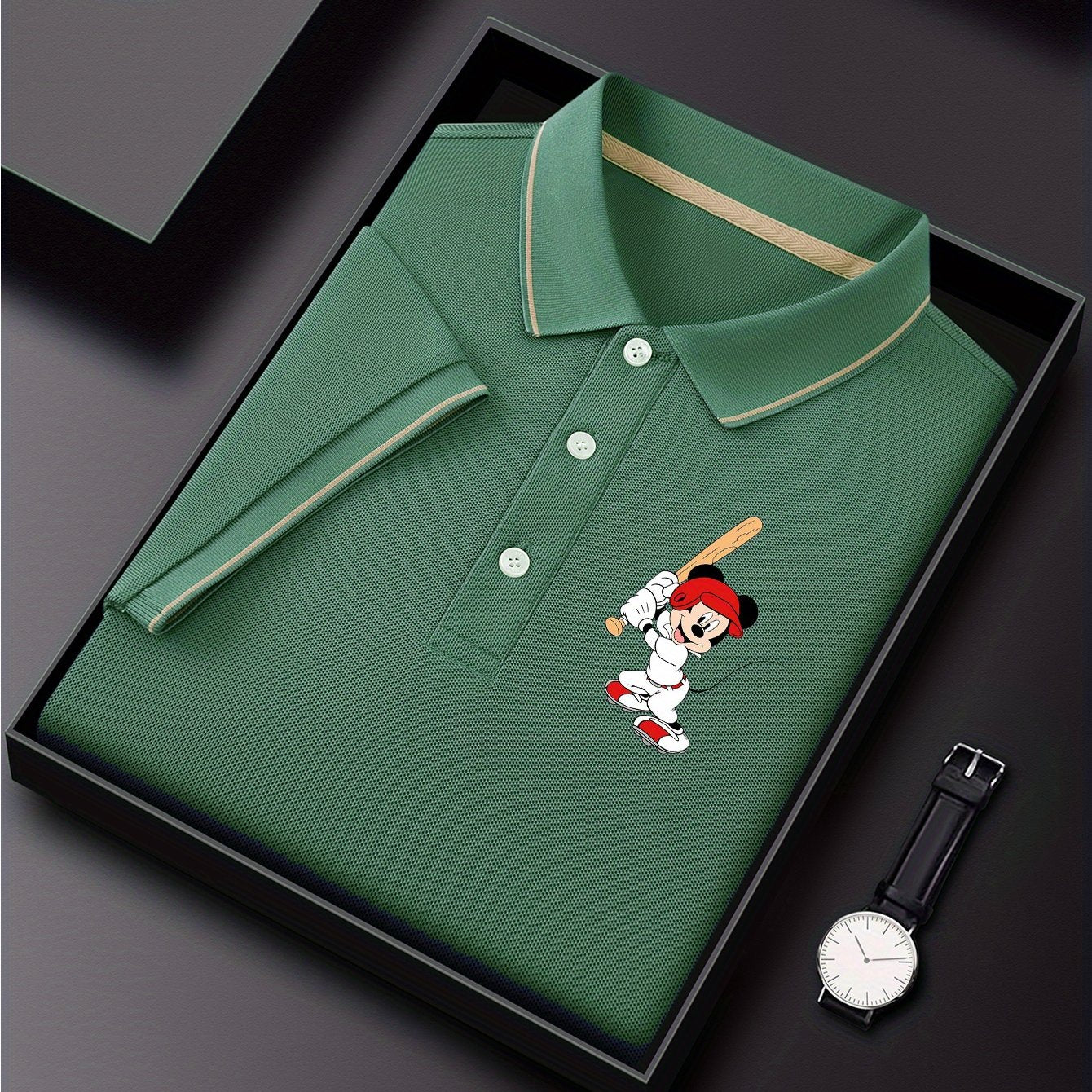 Disney Men'S Classic POLO Shirt, Mickey Batting Baseball Print, Premium Casual Business Casual, Short Sleeve Collar Polo Shirt, Lightweight Polyester, Quick Drying and Breathable Comes in a Display Gift Box Great for Husbands