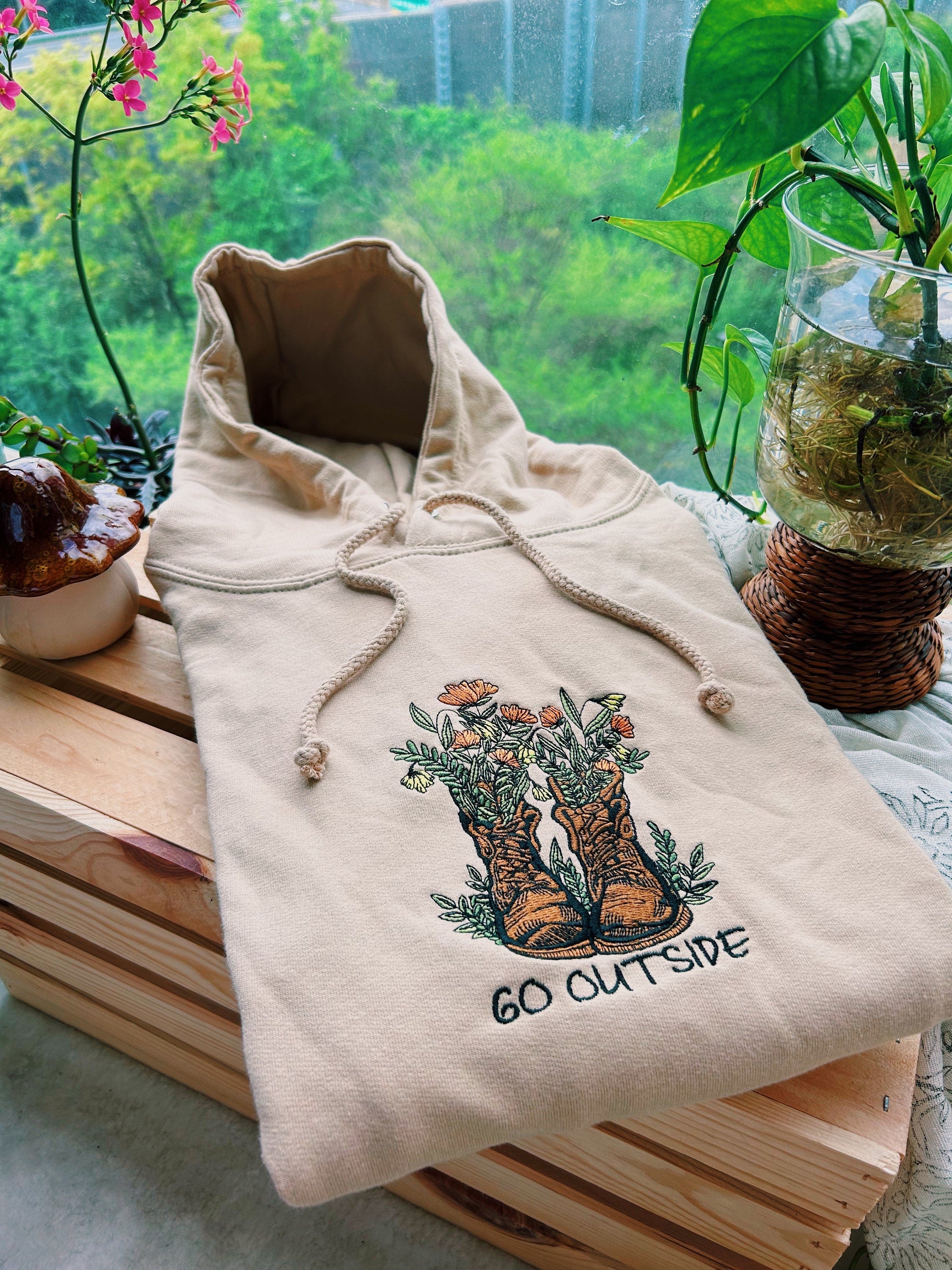 Tan Go Outside Embroidered Hoodie - Unisex Mushroom Floral Fleece Pullover - Hiking Granola - Gifts for Her/ for Him - Cottagecore - Indie