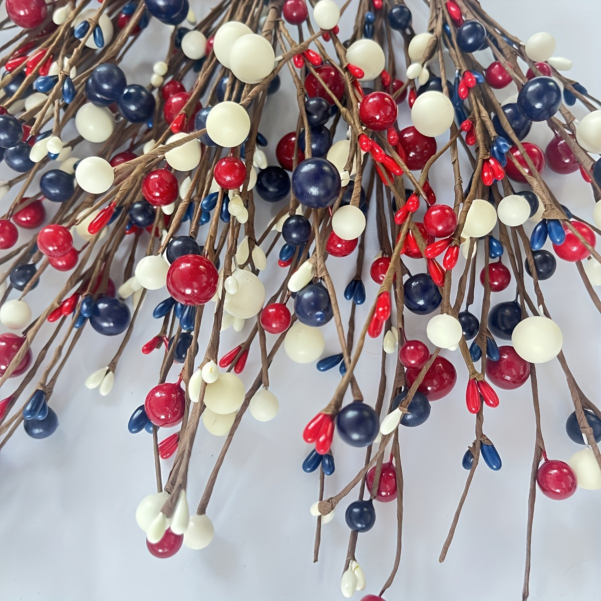 2D Flat, 5 Red, White, and Blue Artificial Berry Branches - Independence Day, Memorial Day, Parties, Tabletops, and Home Decor, Patriotic Style Plastic Fake Branches