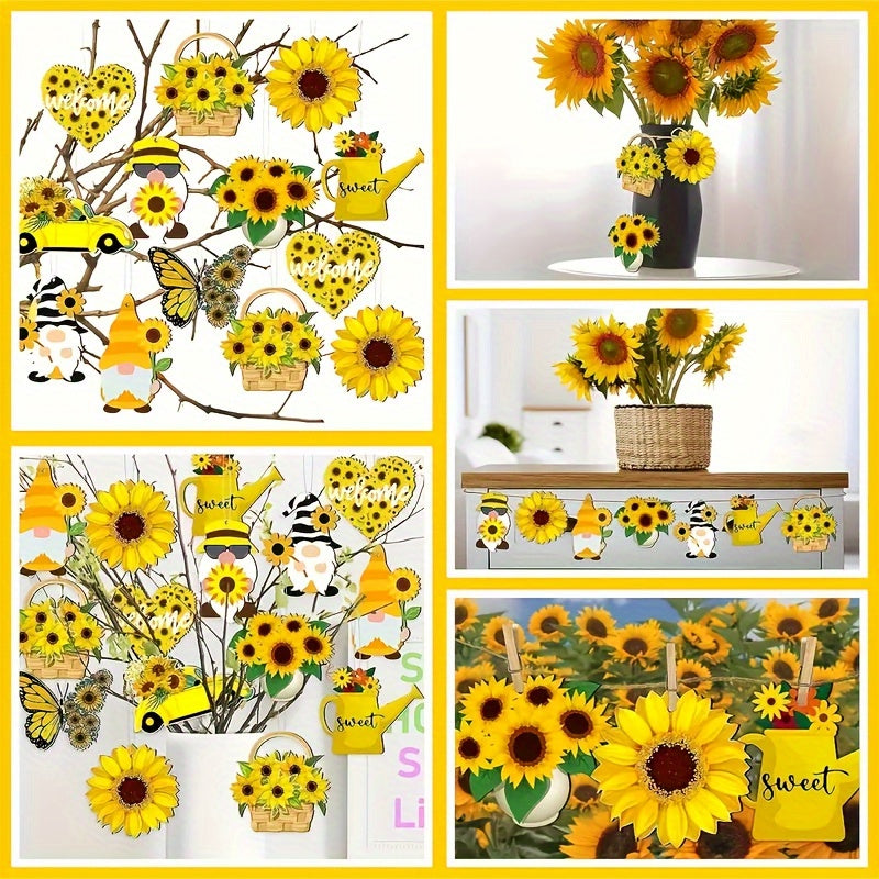 Wooden 2D Sunflower, Gnome, Butterfly, Chrysanthemum, Sunflower, Car, Kettle Pendant - Yellow Floral Pendant With Rope, Perfect For Birthday Parties And Holiday Celebrations, Gnome Garden Decoration!