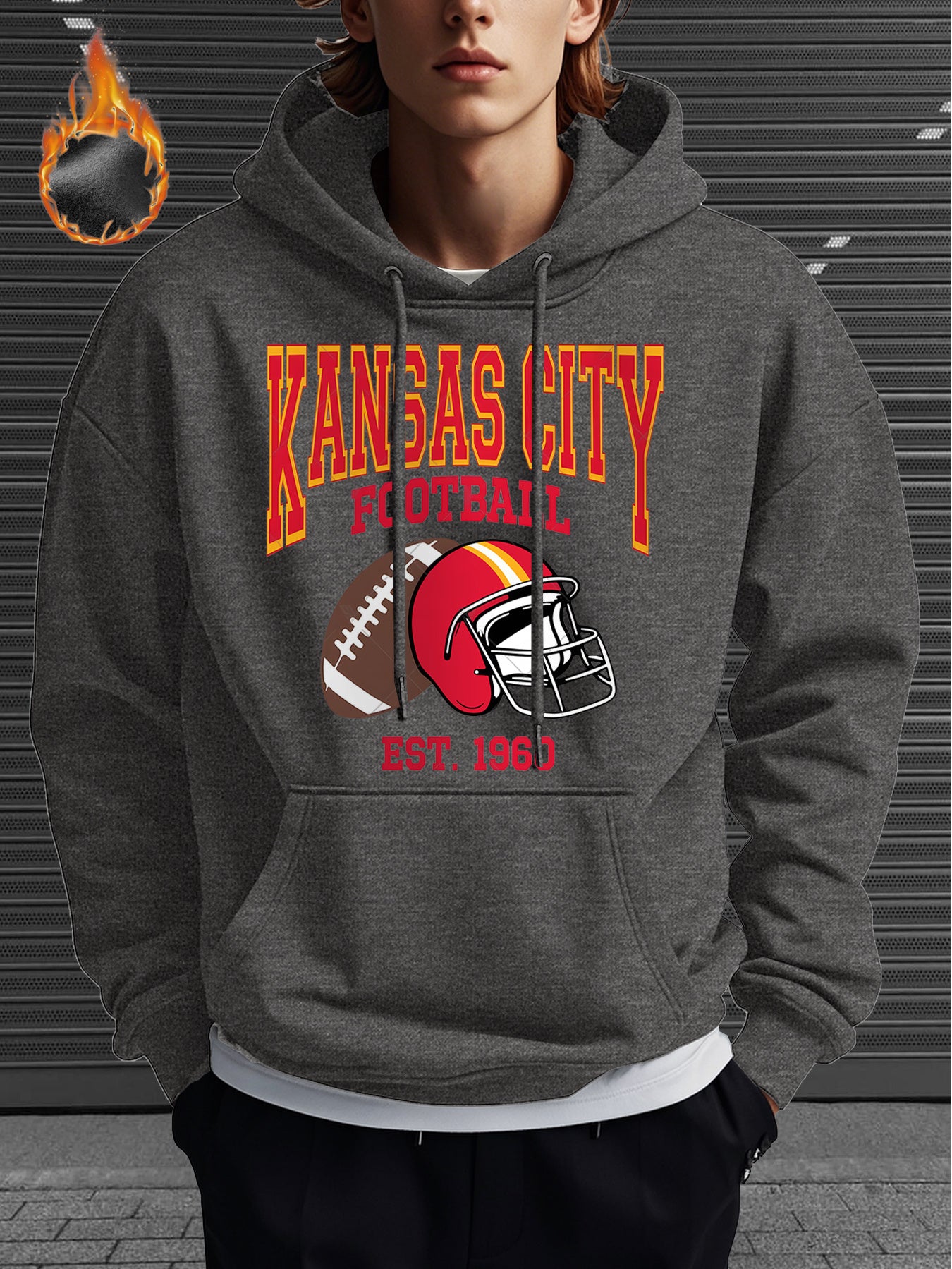 Kansas City Football Hoodie for Men – Cozy Fleece-Lined Casual Sweatshirt with Team Logo & Helmet Design, Perfect for Winter Wear & Game Day Outfits,, Gray, Fleece Lined Hoodie
