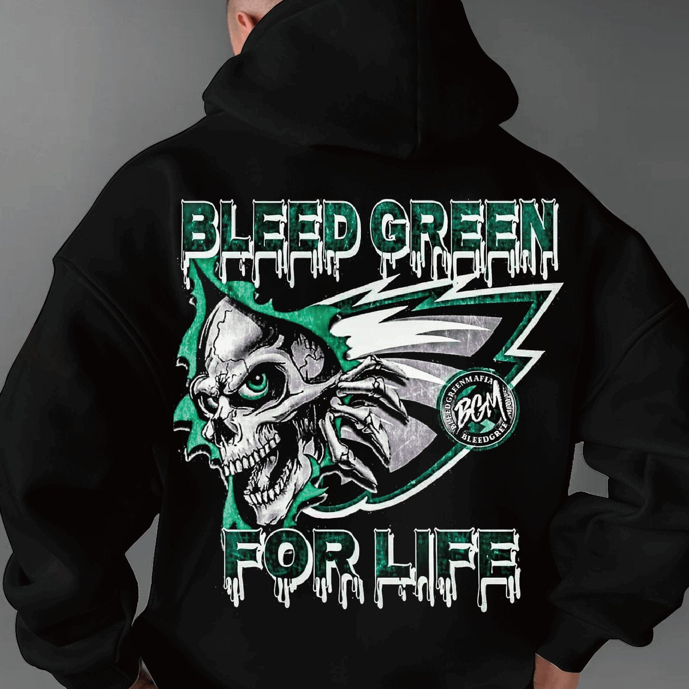 Men's Bleed Green Hoodie - Casual Football Fan Skull Eagle Design Sweatshirt, Soft Polyester Fabric, Machine Washable, Comfortable for Spring & Fall