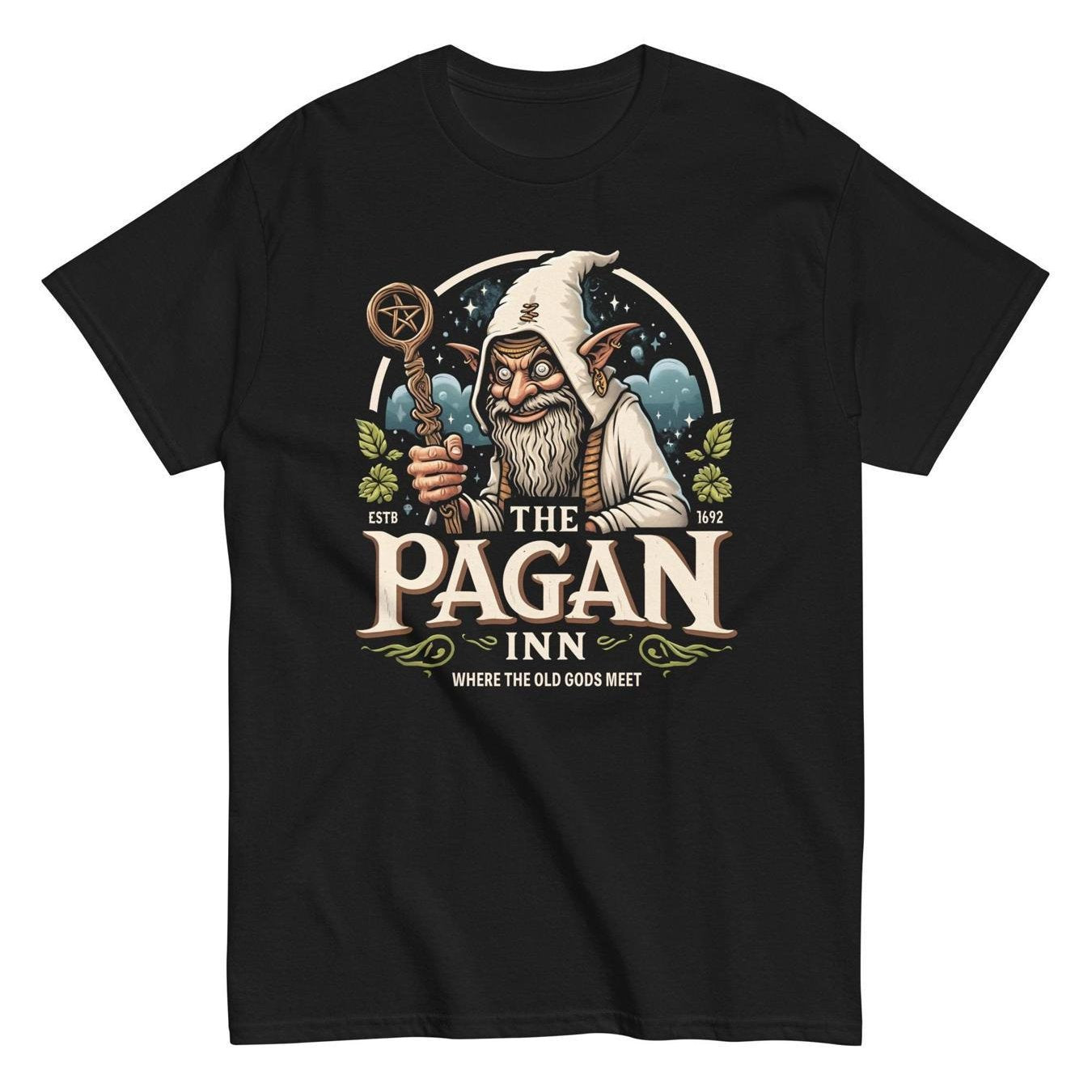Pagan Inn Graphic Tee - Unisex Witchy Wiccan T-Shirt for Men & Women, Mystical Goblin & Moon Design, Soft Breathable Fabric, Casual Streetwear, Black Short Sleeve Regular Fit All-Season Comfort, Witchy Accessories, Comfortabl