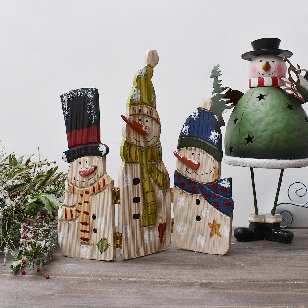 Christmas Decorations Wood Snowman Sign Holiday Xmas Home Decor Wooden Folding Triple Snowmen Screen Rustic Decorative Ornaments for Table Top Fireplace (Snowman)
