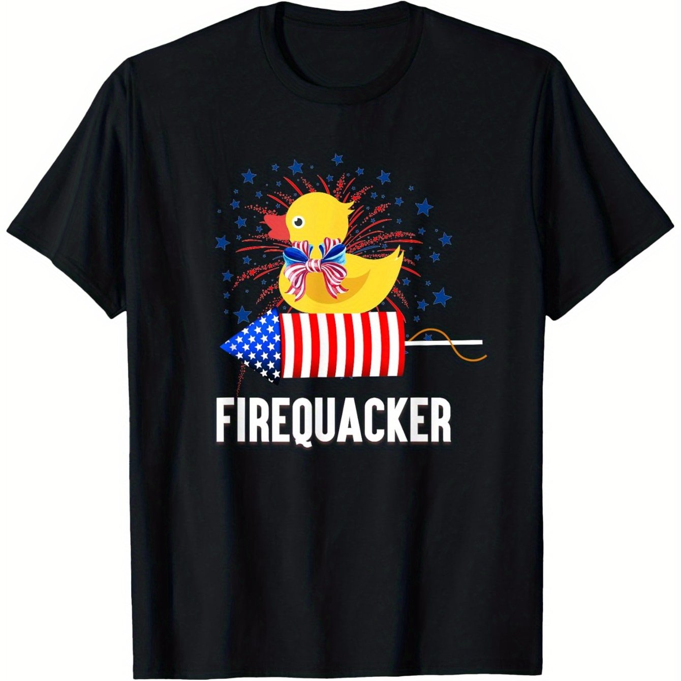 Fourth of July Patriotic Firecracker Rubber Duck T-Shirt for Men - Funny Graphic Novelty Tee with American Flag Design, 100% Cotton 180g Fabric, Regular Fit Short Sleeve (S-XXXL) - Perfect for Summer Outdoor BBQ & Independenc