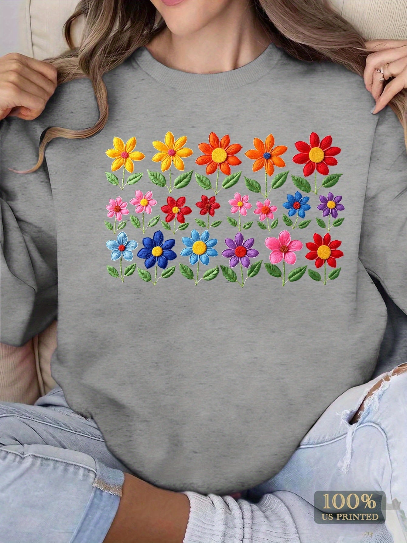 Colorful embroidered flowers Women's plus size sweatshirt
