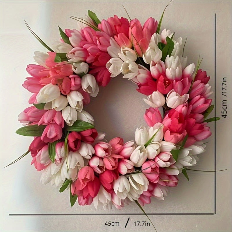 Elegant Pink & White Tulip Wreath - Lush Artificial Flower Garland for Home, Wedding & Outdoor Celebrations Decor, No Battery Required, Festive Home Decor|Sophisticated Design|Lush Tulip Wreath, Flower Garland Decoration
