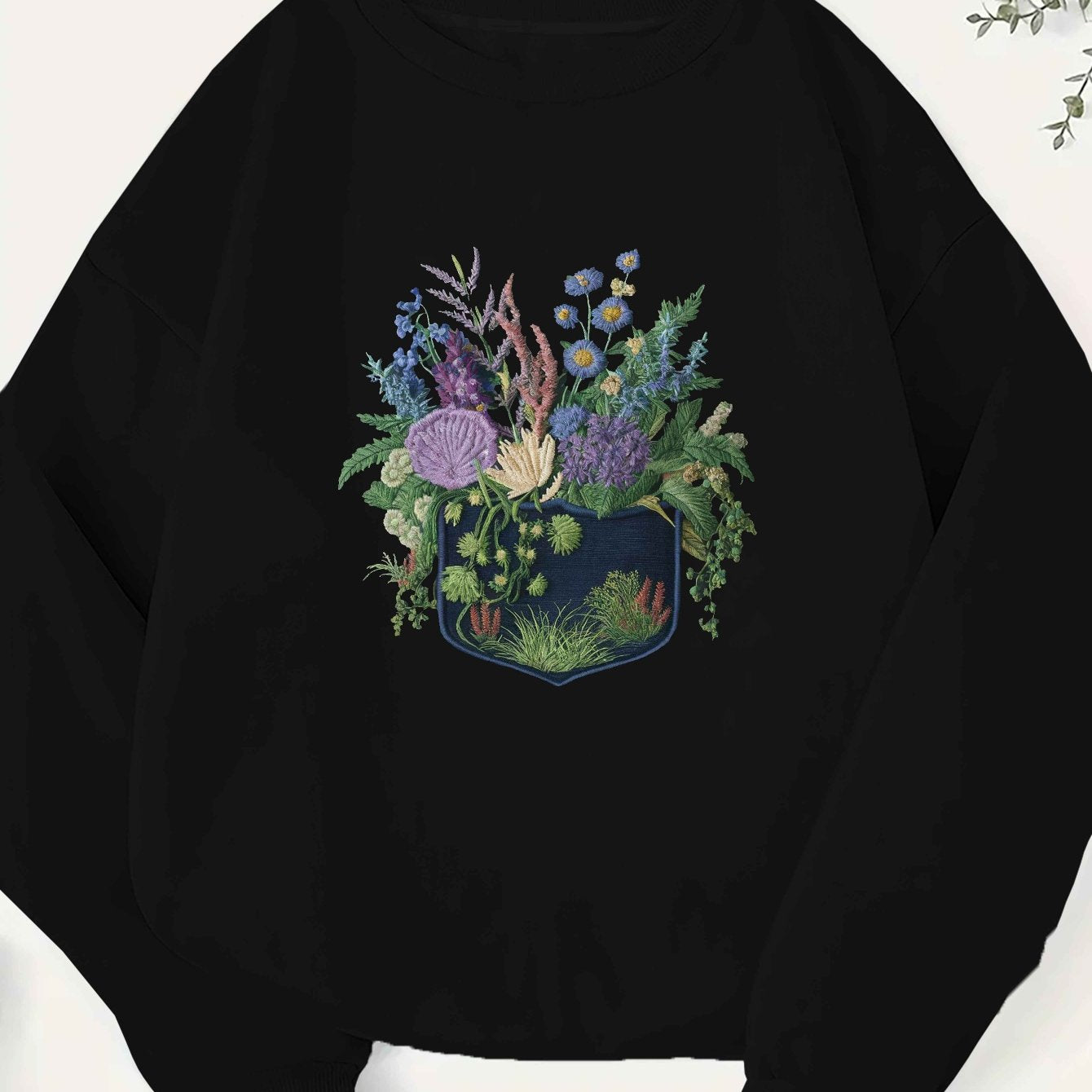 Women'S Plus Size Embroidered Floral Crew Neck Sweatshirt - Casual Polyester Knit Long Sleeve Pullover for Fall/Winter