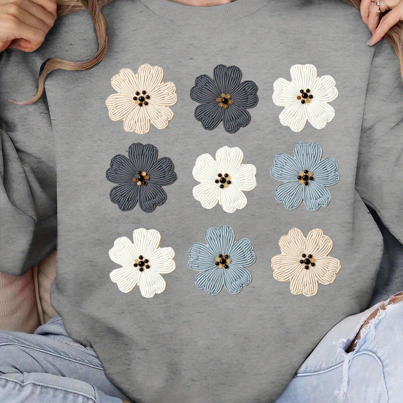 Women's Cozy Pink Floral Embroidered Sweatshirt with Bead Details - Soft Long Sleeve Pullover for Fall/Winter, Casual Round Neck Design, Machine Washable
