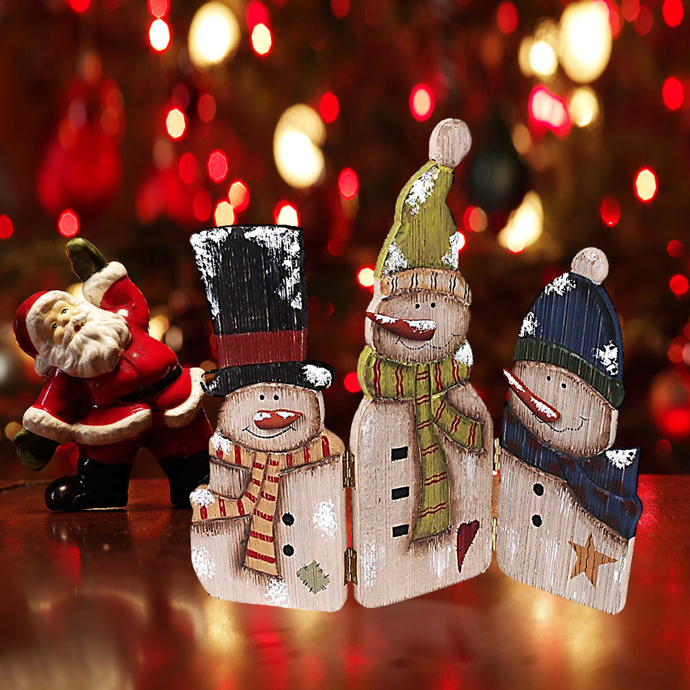 Christmas Decorations Wood Snowman Sign Holiday Xmas Home Decor Wooden Folding Triple Snowmen Screen Rustic Decorative Ornaments for Table Top Fireplace (Snowman)