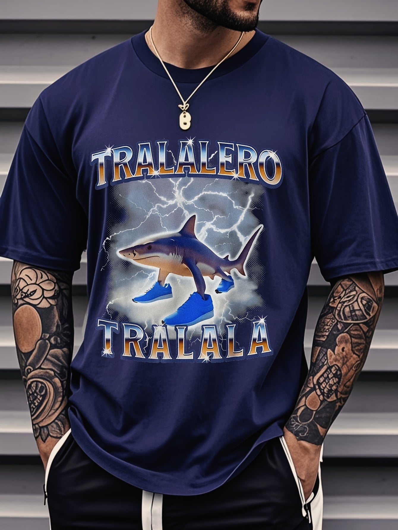 Tralalero Men's Shark Lightning Graphic T-Shirt - Bold TRAALERO TRAALALA Design, Vibrant Blue Casual Streetwear, Regular Fit Short Sleeve Tee for Music Festivals, Concerts & Beach Days, Concert Attire, Festival Clothing, Digi