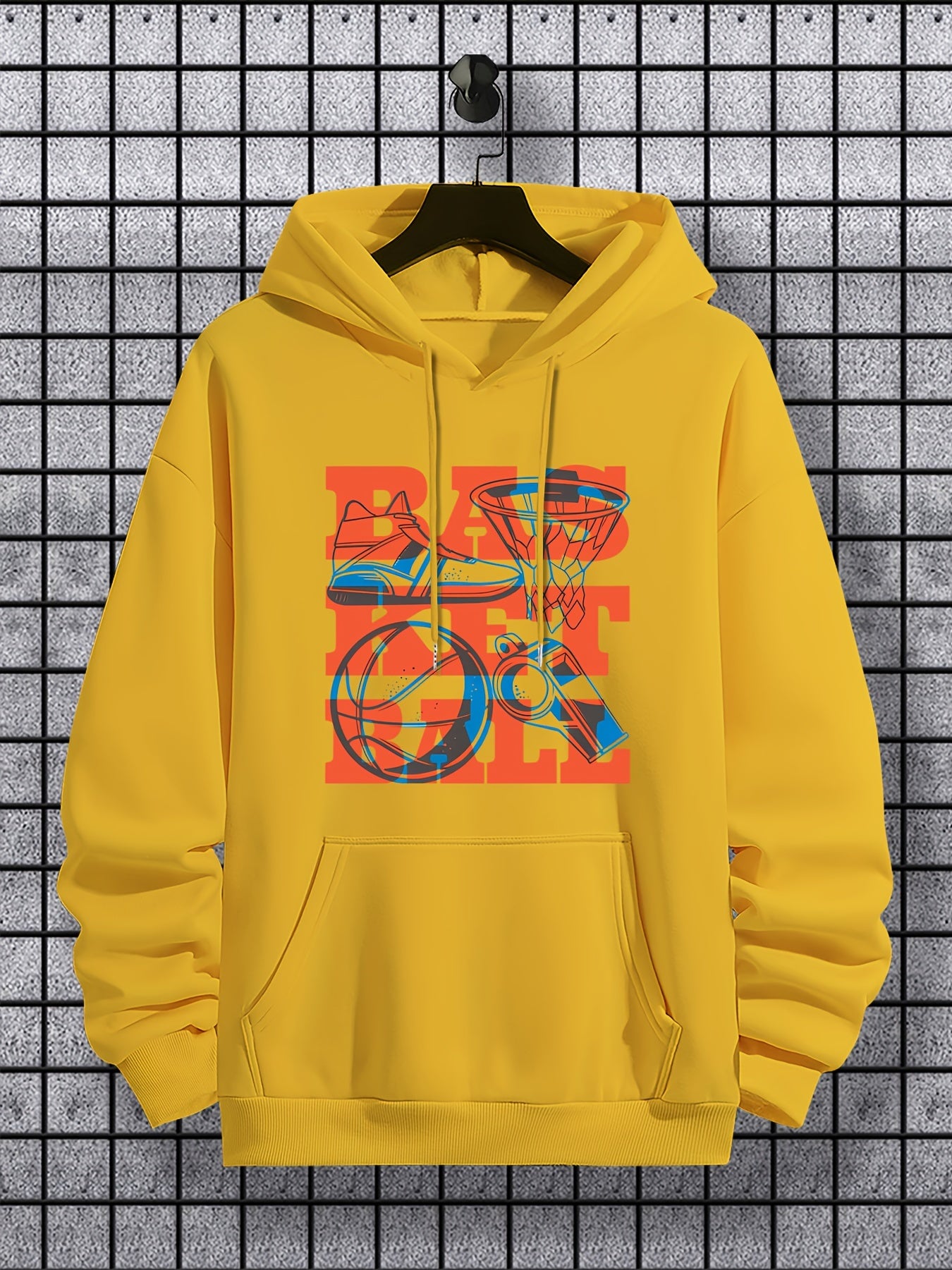 Basketball Pattern, Men'S Trendy Comfy Hoodie, Casual Slightly Stretch Breathable Hooded Sweatshirt For Outdoor