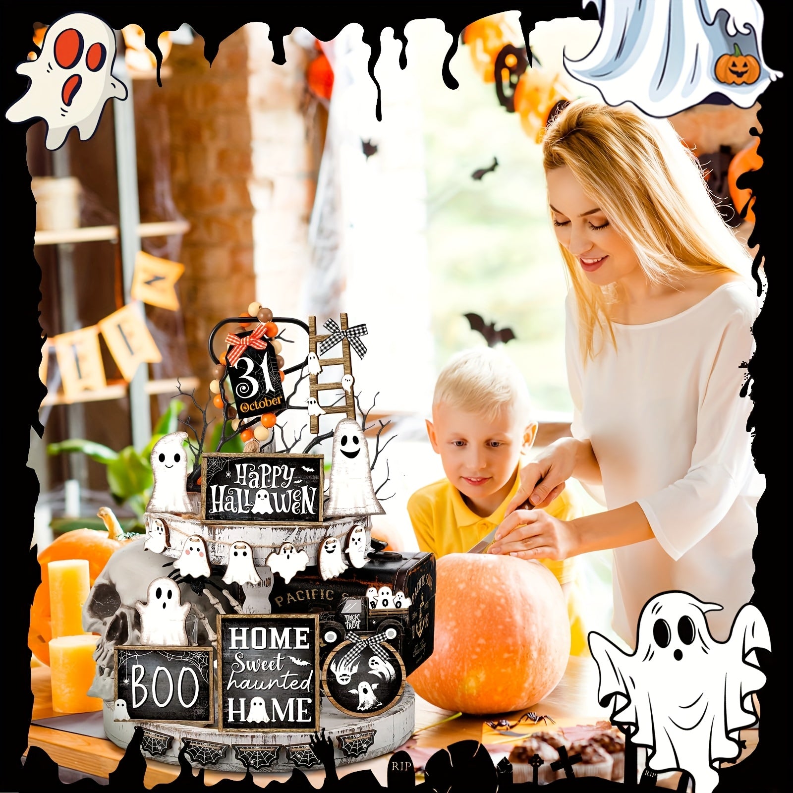 Halloween Tiered Tray Decor Set of 21pcs - Rustic Wooden Sign for Table Centerpiece, Farmhouse Kitchen, Party Shelf Display - Spooky Indoor Home Decorations - Event Setup for Holiday, Summer Gathering, Independence Day Party
