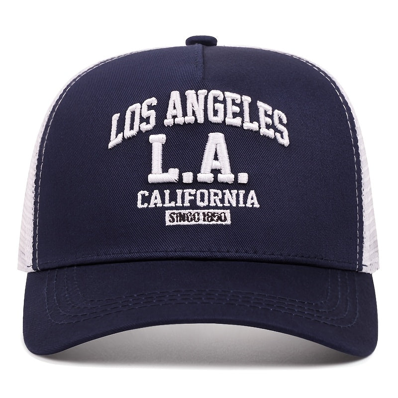 Los Angeles Embroidered Baseball Cap - Black Trucker Hat with Mesh Back, Lightweight & Adjustable for Outdoor Sports, Breathable Polyester, Casual Wear Hat|Sporty Baseball Cap|Adjustable Closure Cap, Baseball Hat