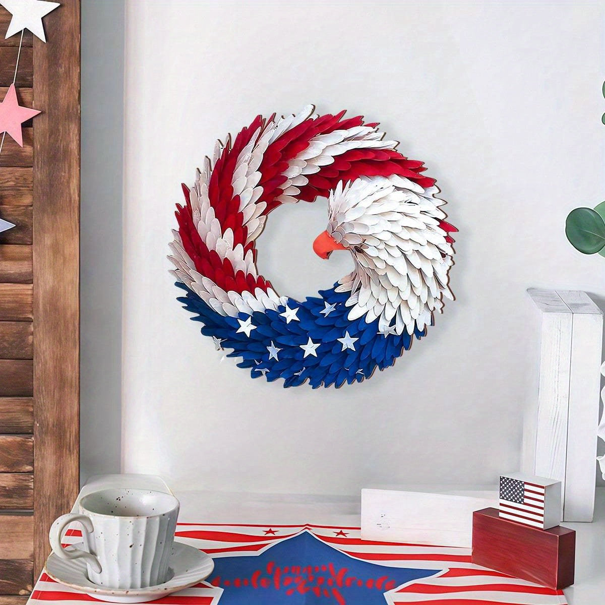 2D Wooden Eagle Wreath for Front Door - Patriotic Stars & Stripes Design, Weatherproof Outdoor/Indoor Decoration, 4th of July Independence Day Decor, No Electricity Needed, Durable Plastic & Fabric Craft