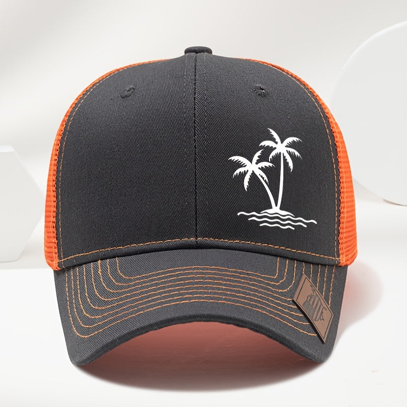 Sports Outdoor Sunshade Fashion Coconut Tree Pattern Print Exquisite Small Faux Leather Badge Hard Top Baseball Cap Hip Hop Duckbill Hat Casual Versatile Fashion Mesh Cap Men and Women Universal Outdoor Party Truck Driver Hat