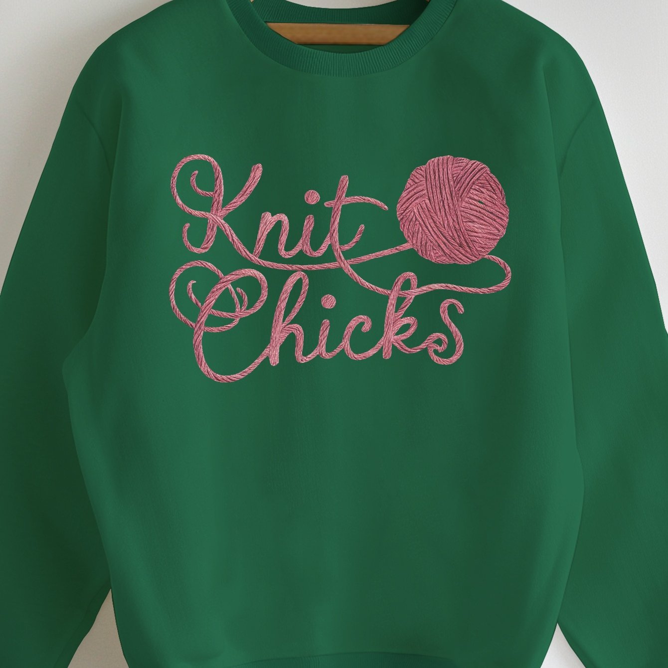 Cozy 'Knit Chicks' Geometric Pattern Women's Sweatshirt - Soft Polyester, Light Gray with Pink Embroidery, Long Sleeve, Round Neck, Machine Washable - Perfect for Fall/Winter Casual Wear