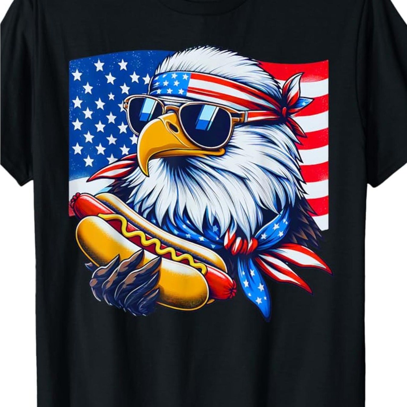 Men'S Patriotic Bald Eagle Hotdog T-Shirt - Cotton, American Flag Pattern, Classic Style, Short Sleeves, Crew Neck, Perfect for 4th of July Celebrations, Holiday Wear | Bold Graphic Tee | Durable Print QualityPlus Size Printe