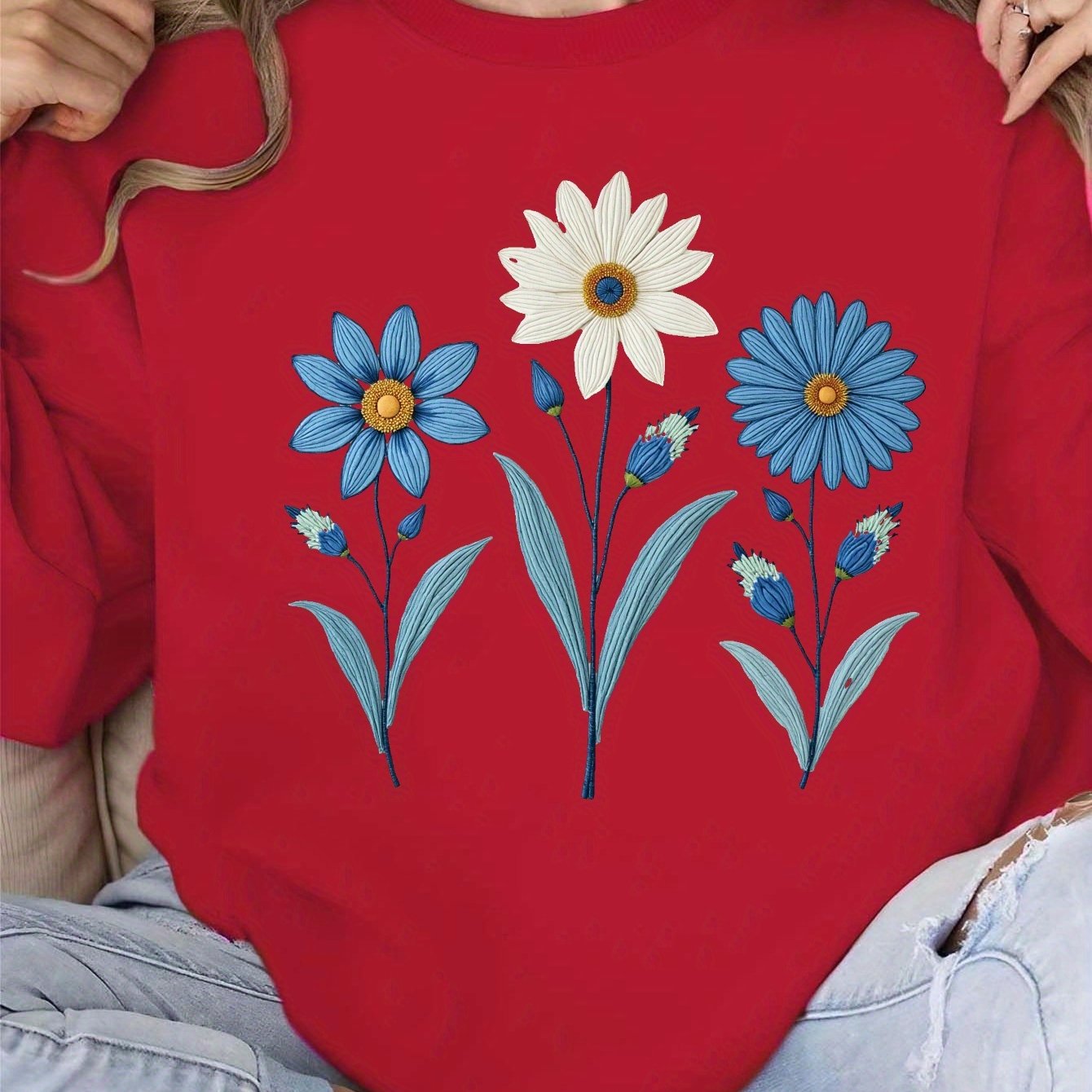 teediy Women's Casual Floral Embroidery Sweatshirt - Blue & White Flowers on Green, Long Sleeve Round Neck, Machine Washable, Autumn Winter Comfort, Winter Clothing, Relaxed Fit, Comfortable Fabric