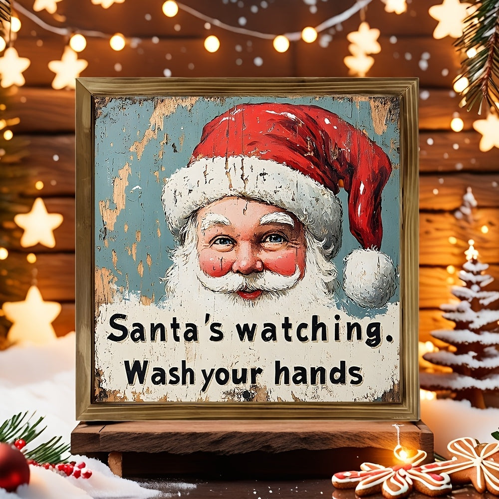 Woodcut Charming Rustic Santa Sign - Wall Art for Home & Bathroom Decor, Perfect Christmas Decor