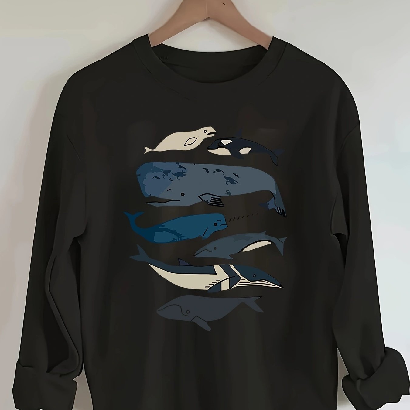 Women's Casual Whale Print Crew Neck Sweatshirt - Black with Blue & White Whale Design, Long Sleeve, Machine Washable, All-Season Comfort