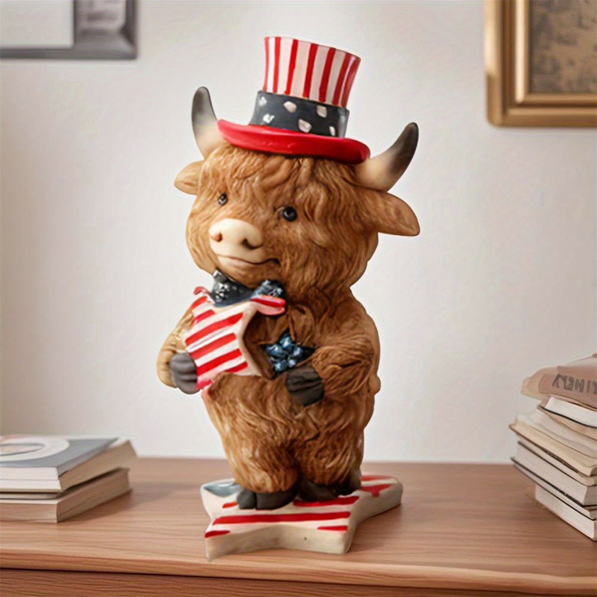 Mother'S Day Independence Day Birthday Gift New Casual, Elegant And Fashionable Patriotic Highland Cow Statue Cute Resin Animal Statue Independence Day Indoor And Outdoor Garden Decoration