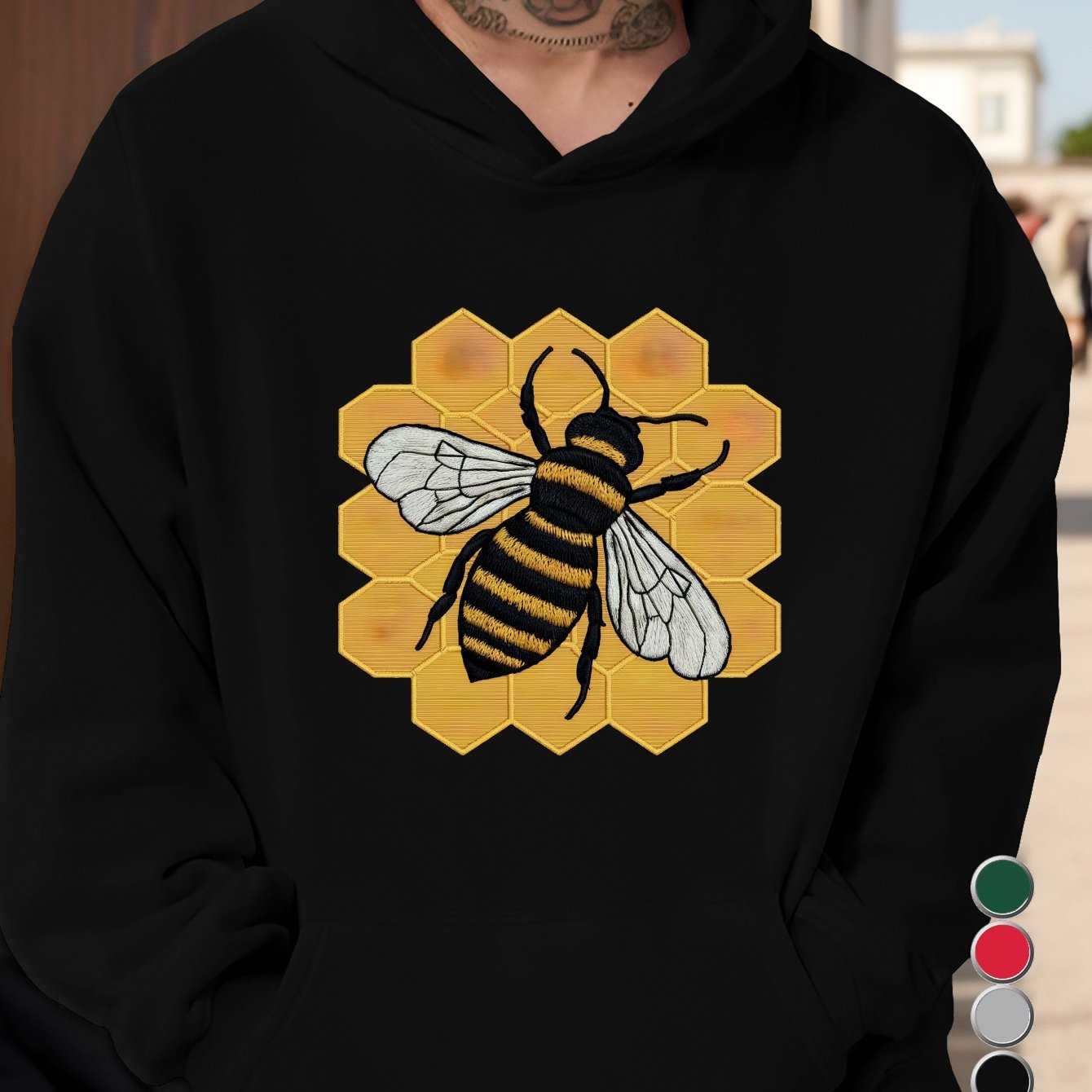 honeycomb detailed embroidered bee illustration men's hoodies