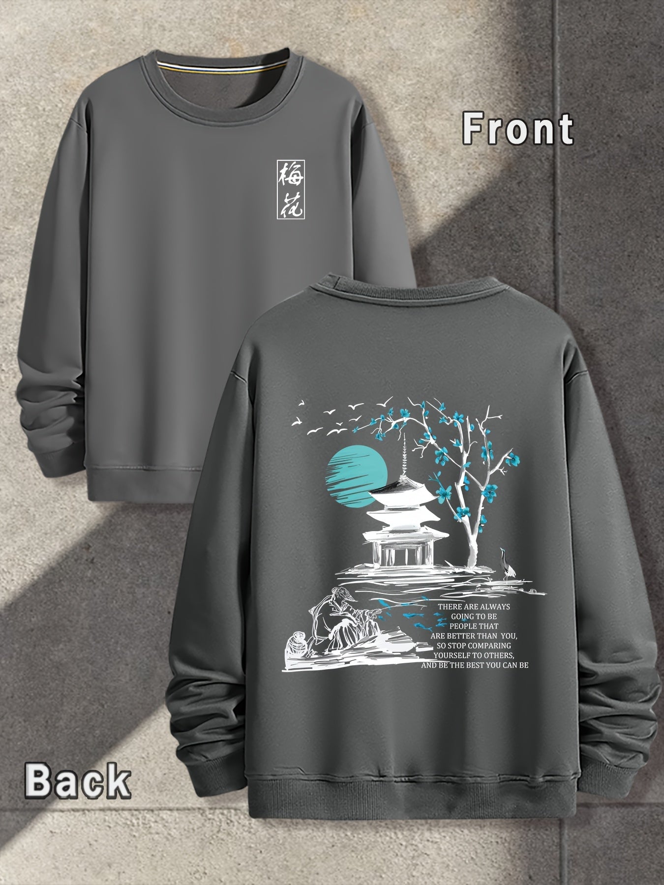 Spring And Autumn, Men'S Fashion Crew Neck Sweater, Plum Blossoms, Front And Rear Printing Patterns Of The Pavilion, Outdoor Wear Inside And Outside With The Same Crew Neck Sweater For Men And Women