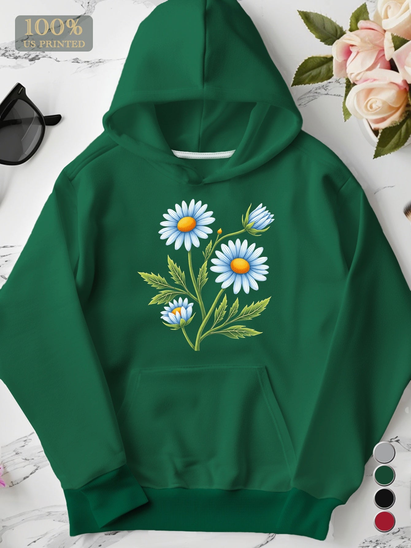 Blue Daisies Botanical Embroidered Women'S Plus Size Hoodies