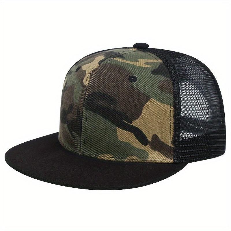 1pc Camouflage Baseball Cap, 100% Acrylic Knitted Snap Closure, Lightweight Adjustable Flat Brim Hat for Outdoor Sunshade, Movie Theme Party Accessory