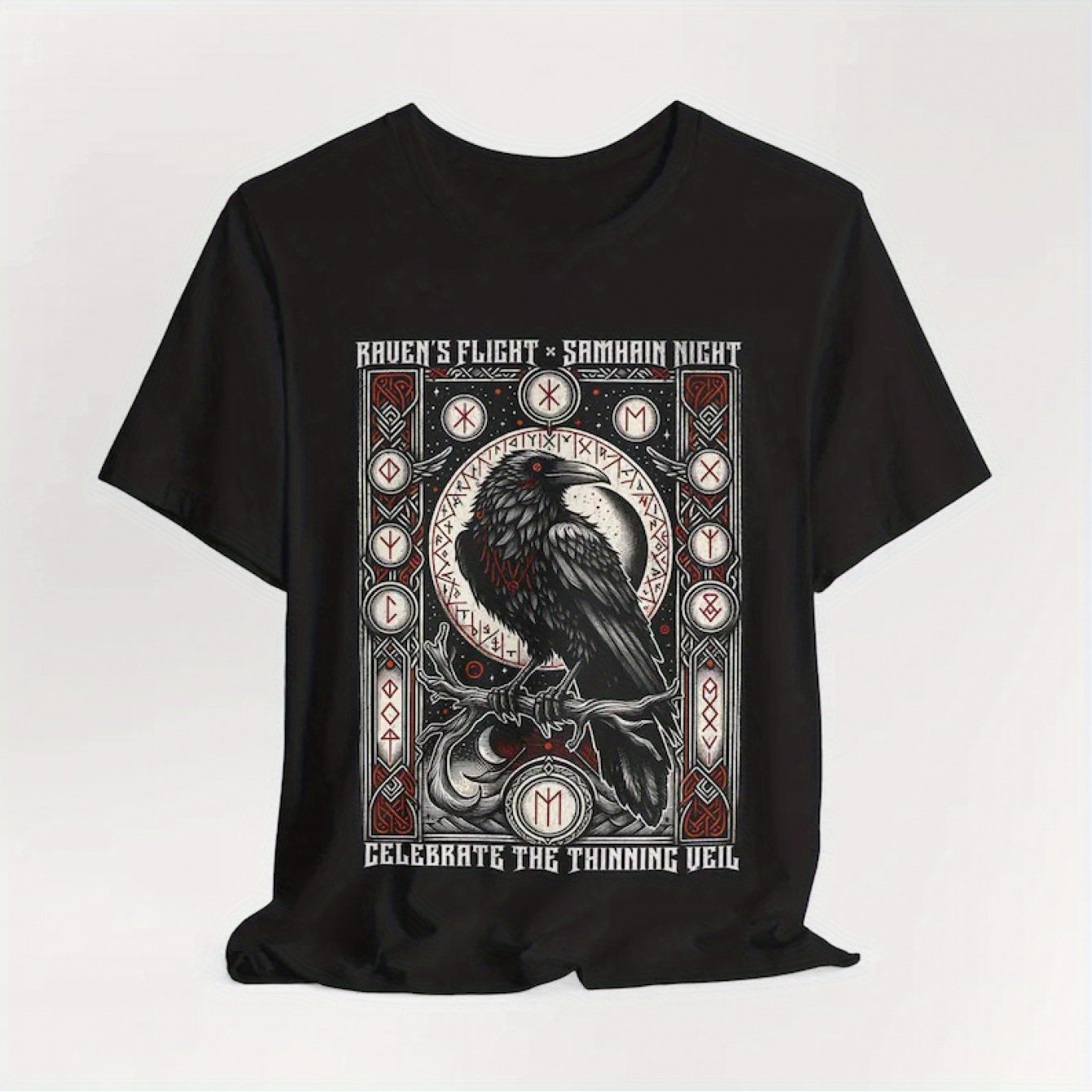 Samhain Night Celtic Norse Pagan Gothic Metal Halloween Raven Viking Odin T-Shirt - 100% Cotton Unisex Casual Tee with Rune Magic Design, Machine Washable Regular Fit Short Sleeve Round Neck, Spiritual Theme Apparel, Mystical