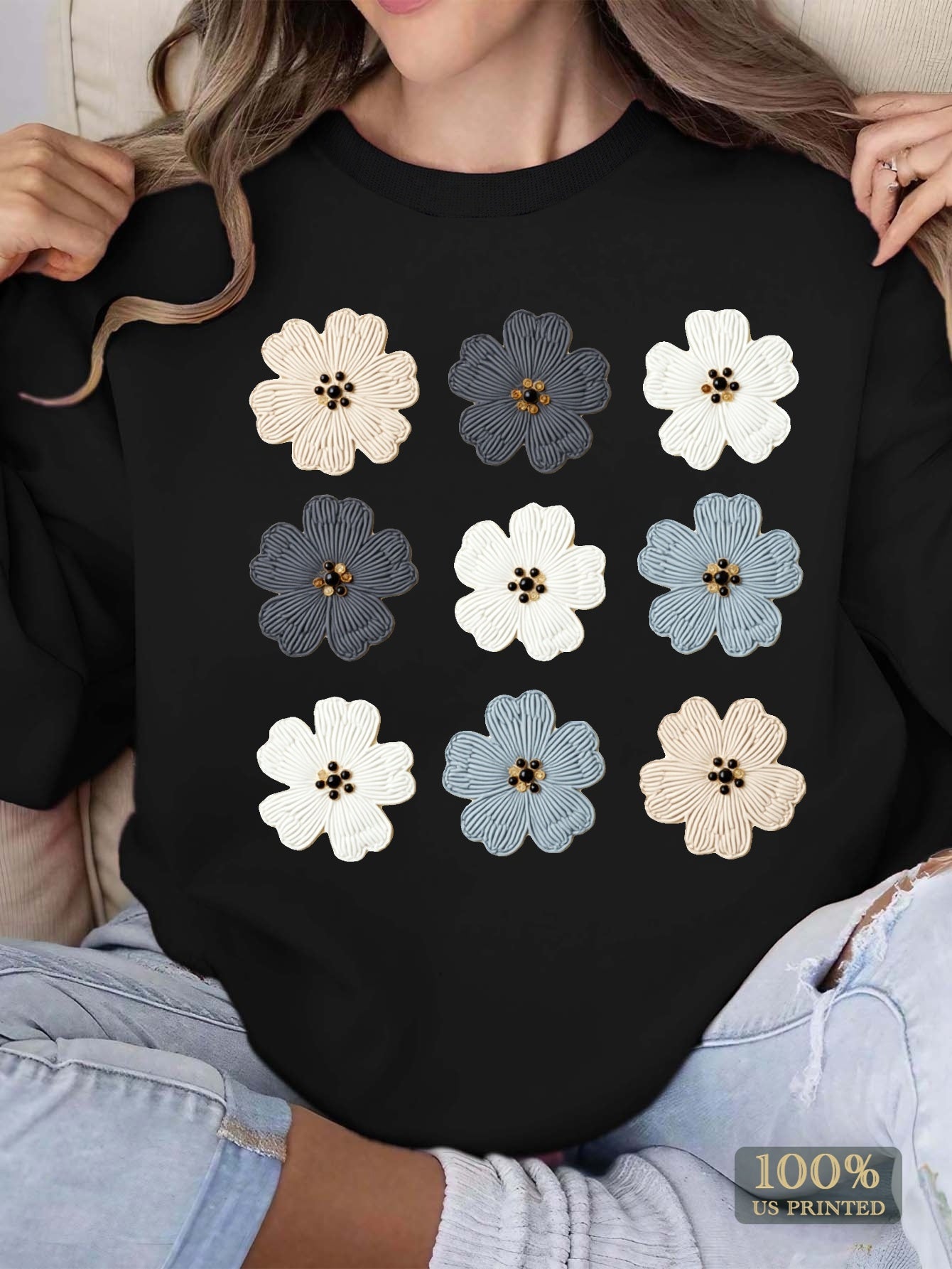 Women's Cozy Pink Floral Embroidered Sweatshirt with Bead Details - Soft Long Sleeve Pullover for Fall/Winter, Casual Round Neck Design, Machine Washable