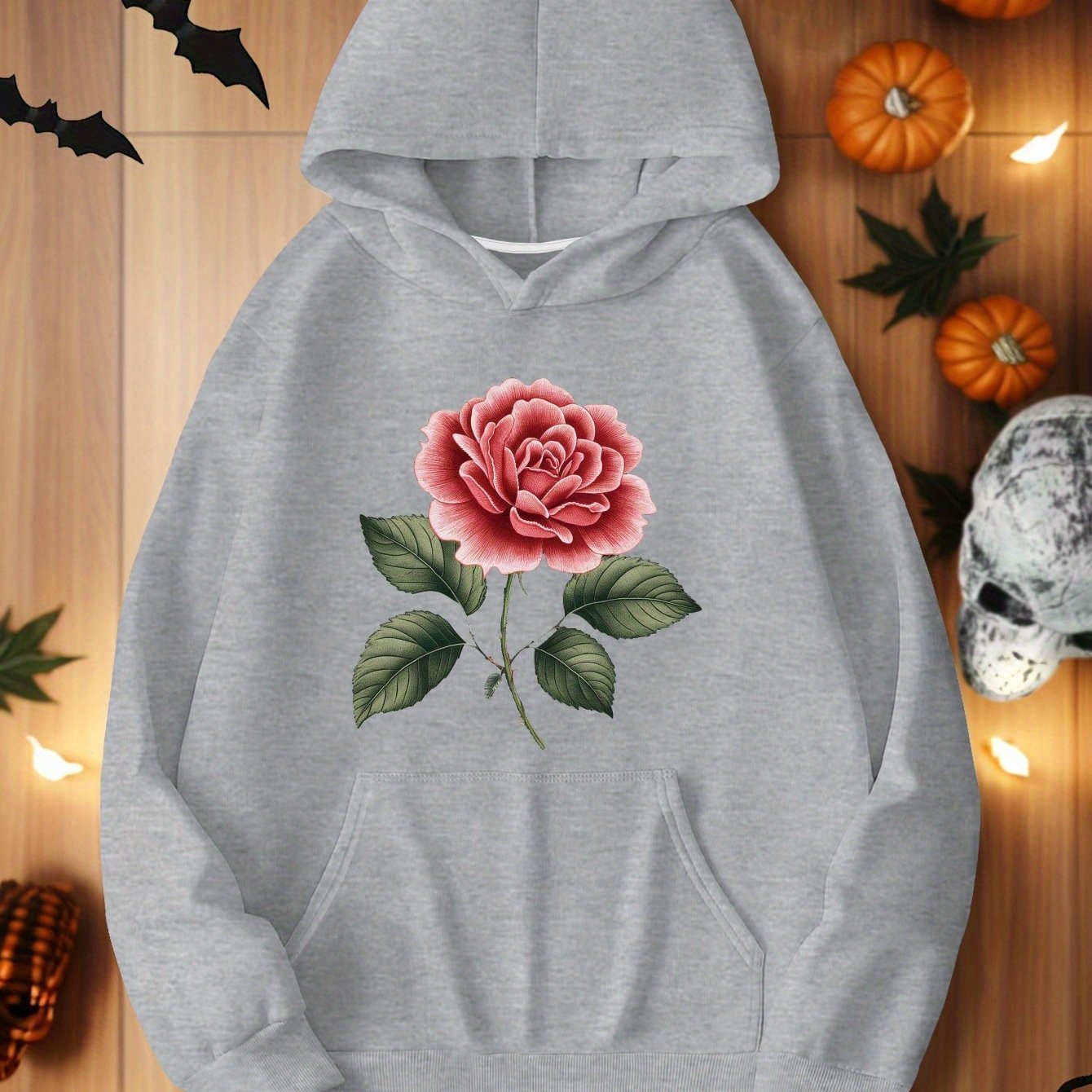 Embroidered Red Rose Illustration Women'S Plus Size Casual Hoodies