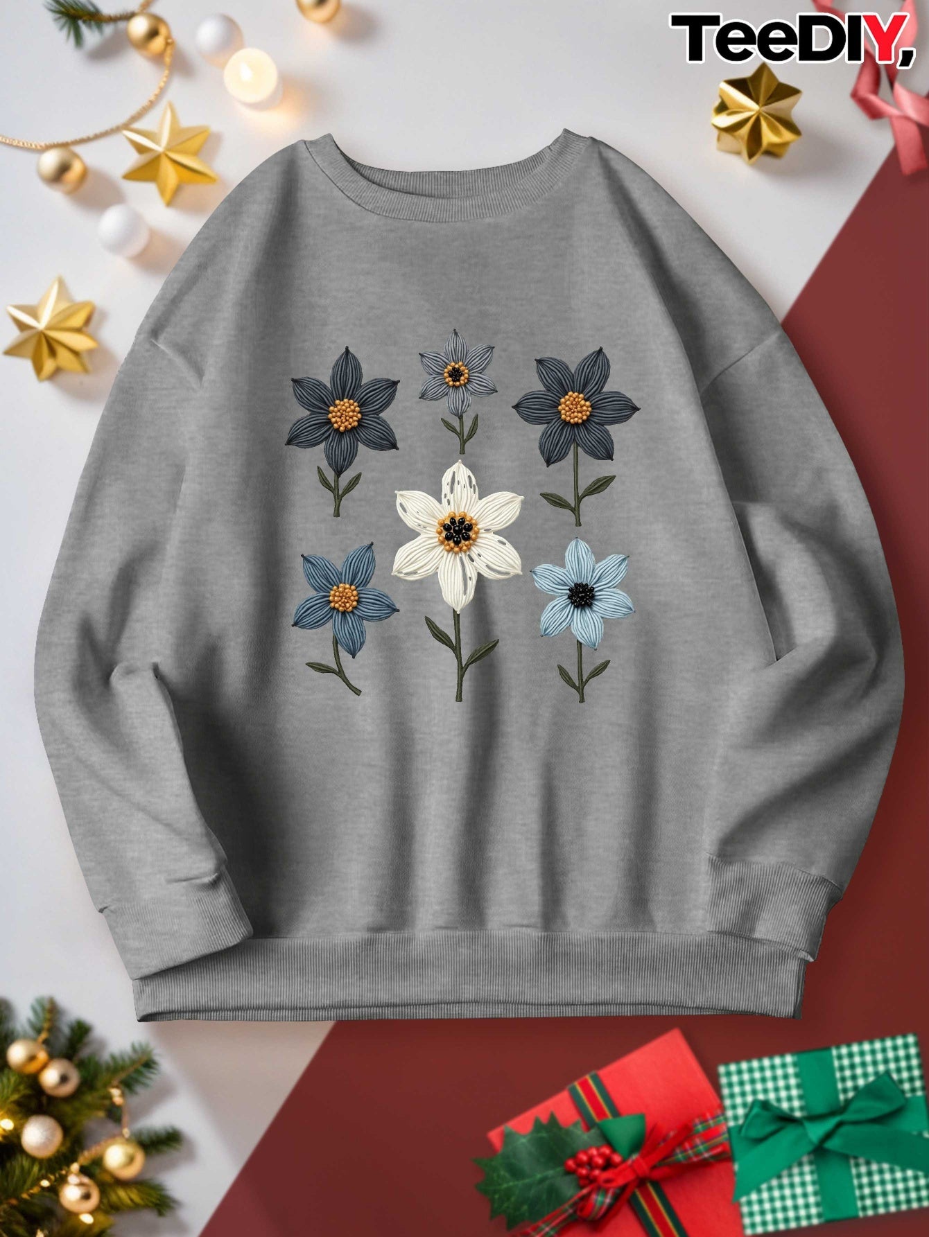 Women's Plus Size Casual Sweatshirt - Embroidered Floral Design with Beadwork, Vibrant Red Long Sleeve Round Neck Pullover, Machine Washable Autumn Winter Fashion Top, Cute Sweatshirts, Detailed Embroidery