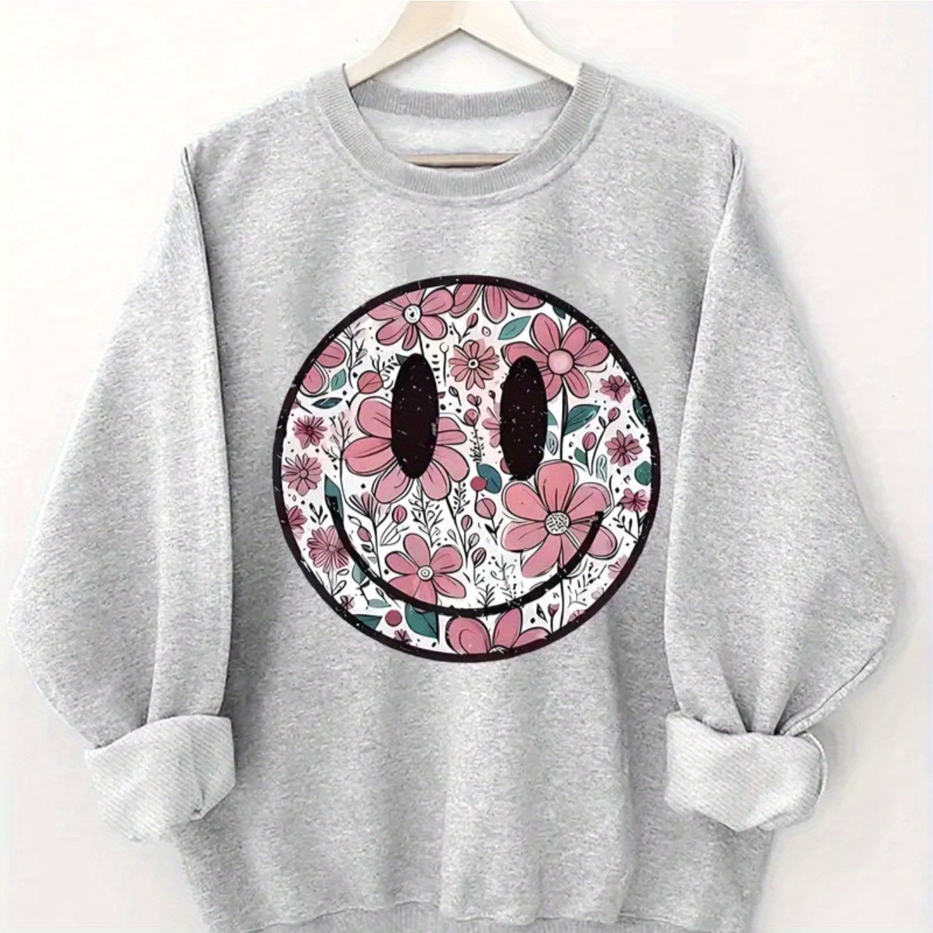 Women's Casual Crew Neck Sweater - Fun Floral joyful Face Print, Cozy Knit Long Sleeve Pullover for Fall/Winter, Grey with Pink & Green Flowers, Machine Washable, Knit Sweater