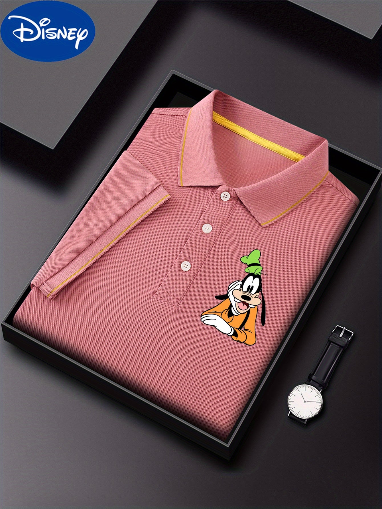 Disney Men's Classic Shirt with Goofy Dog Print - Lightweight Quick-Dry Breathable Polyester, Short Sleeve Collar, Business Casual Style, Summer Comfort, Display Gift Box - Perfect Father's Day Gift for Husband, Casual Comfor
